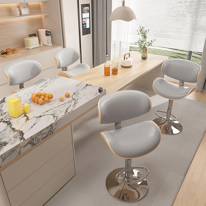 Bar Stools Set of 4, Bar Stools for Kitchen Island with Bentwood Back and Leather Seat, Swivel Barstools for Kitchen Counter, Bar, Grey