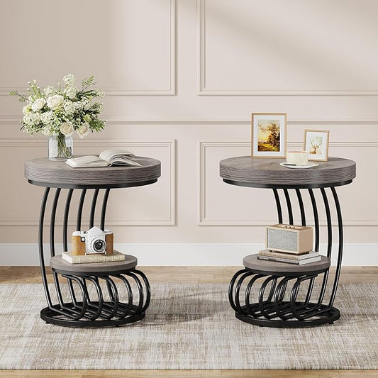 Tribesigns Round End Table Set of 2, 2-Tier Farmhose Wood Side Table with Shelf Storage, Small Sofa Side Bedside Nightstand, Accent Furniture for Living Room, Grey