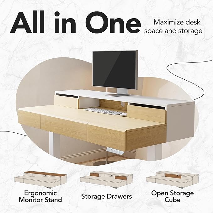 HUANUO Electric Standing Desk with Drawers, 48 Inches Height Adjustable Stand Up Desk with Monitor Shelf, Whole-Piece Board Computer Workstation with 4 Memory Height Settings, Light Walnut