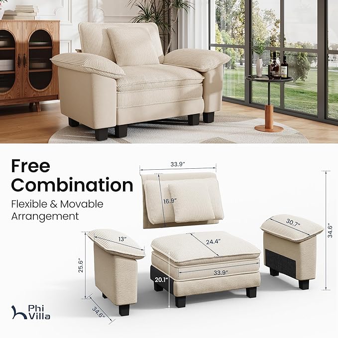 PHI VILLA Cloud Oversized Sectional Sofas, Single Sofa with Deep Seat for Living Room Reading Nook, Chenille Corduroy Dual Fabric, Beige