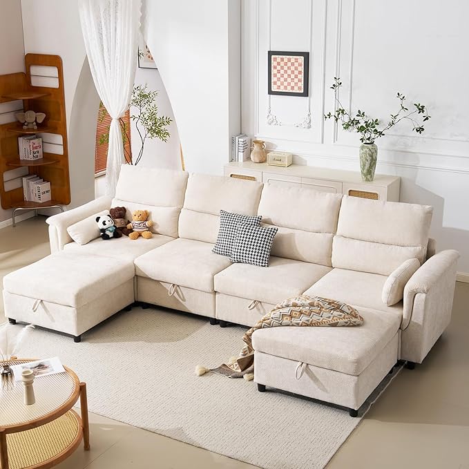 132'' Oversized Modular Sectional Sofa, U Shaped Cloud Couch with Large Storage, Extra Deep Seat, Modern Chenille Sofa with Chaise, 6 Seat Convertible Couches for Living Room, Beige