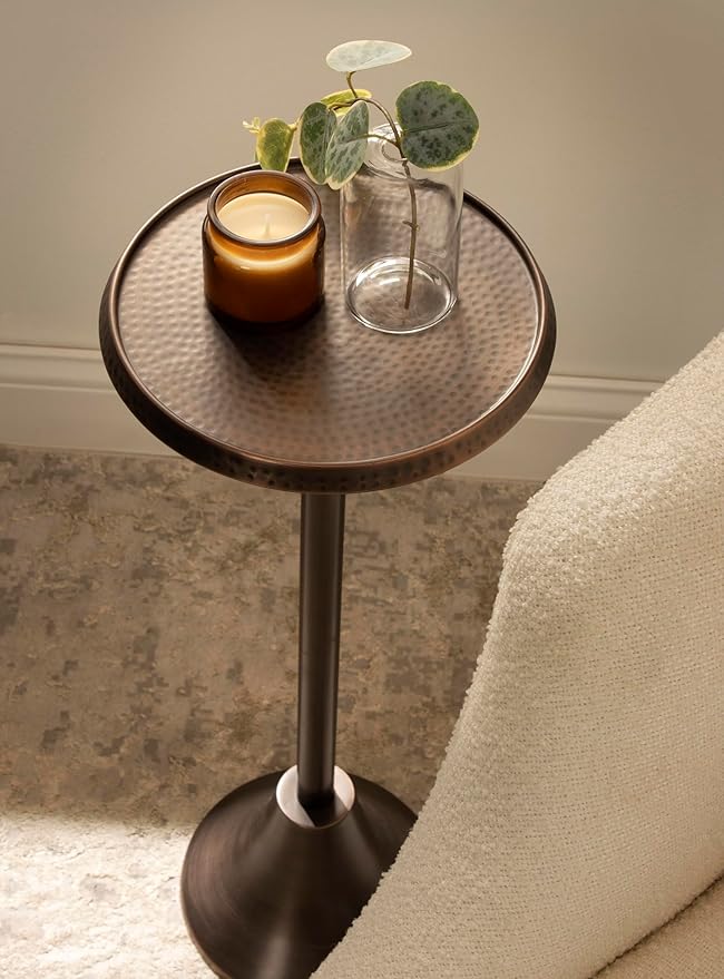 Kate and Laurel Sanzo Modern Pedestal Drink Table, 9 x 9 x 23, Bronze, Decorative End Table with Hammered Tabletop