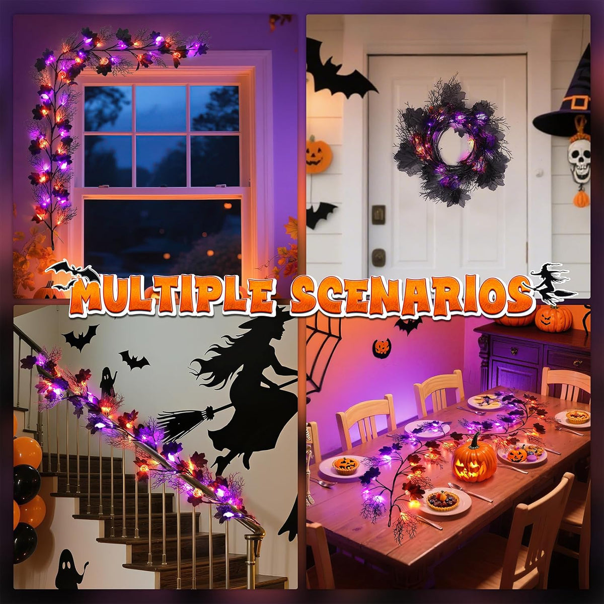 kuaima Halloween Lighted Willow Vine Twig Decor, 6.56 FT Light up Garland with Purple and Orange LED Lights for Indoor Outdoor Decor, 8 Modes, 18 Ornaments, 4 Adhesive Hooks