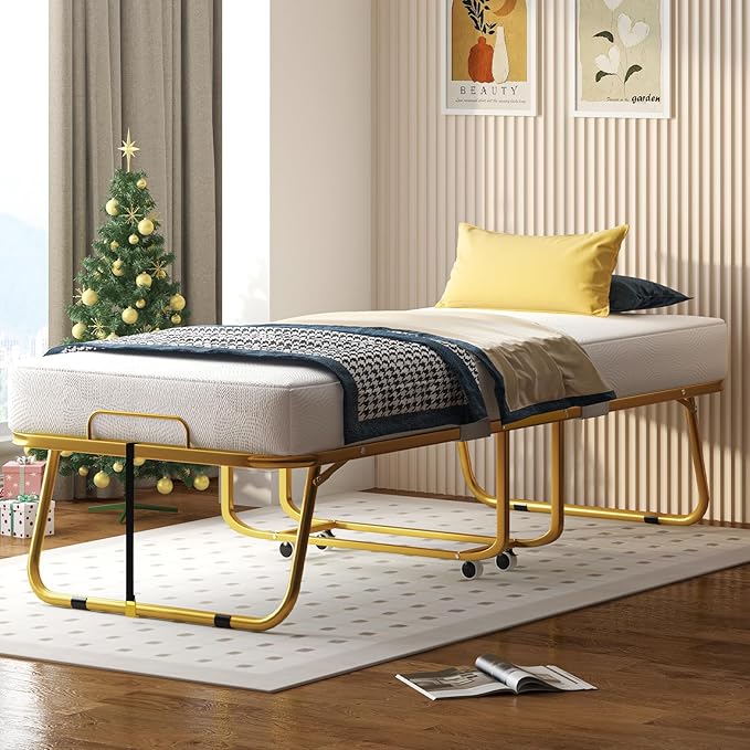Mjkone Folding Bed with 4-Inch Mattress, 75x31 Inch Portable Rollaway Bed for Adults, Space Saving Design & Locking Wheels