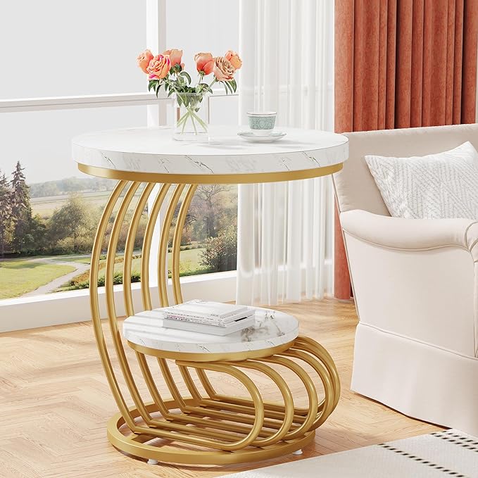Tribesigns Gold Round End Table: 2 Tiers Side Table Set of 2 with Storage Shelf, Modern White Gold Bedside Nightstand, Metal Faux Marble Accent Table for Living Room