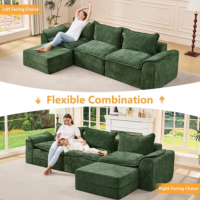 Hobestluk 120" Cloud Modular Sectional Couch 3-Seater Sofa with Ottoman L Shaped Sofa with Removable Cover Large Sofa Couch for Living Room (Green, 3-Seater Sofa with One Ottoman)