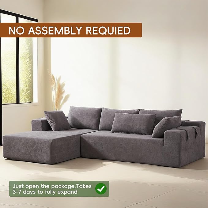 108" Modular Sectional Couch Sofa with L-Shape Chaise, Modern Cloud Comfy Sofa with Deep Seat, Upholstered Couches for Living Room Bedroom, No Assembly Required (Grey Right Facing Chaise)
