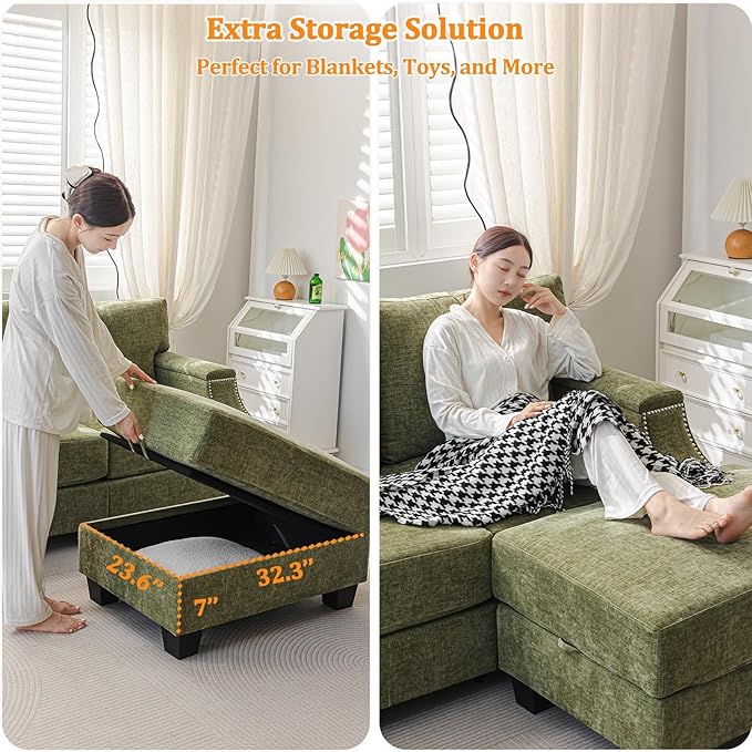 85" Sectional Couches with Storage Ottoman,L Shaped Couch with Armrest Organizer,3-Seater Sofa,Small Sofas for Living Room,Apartment,Sofa Set with Oversized Chair,Chenille,Green