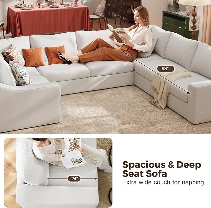 ABCASA U Shaped Sectional Sofa with Detachable Cover, Modular Couch for Living Room, Breathable Linen Fabric Corner Couch with 11 Seats, Ivory