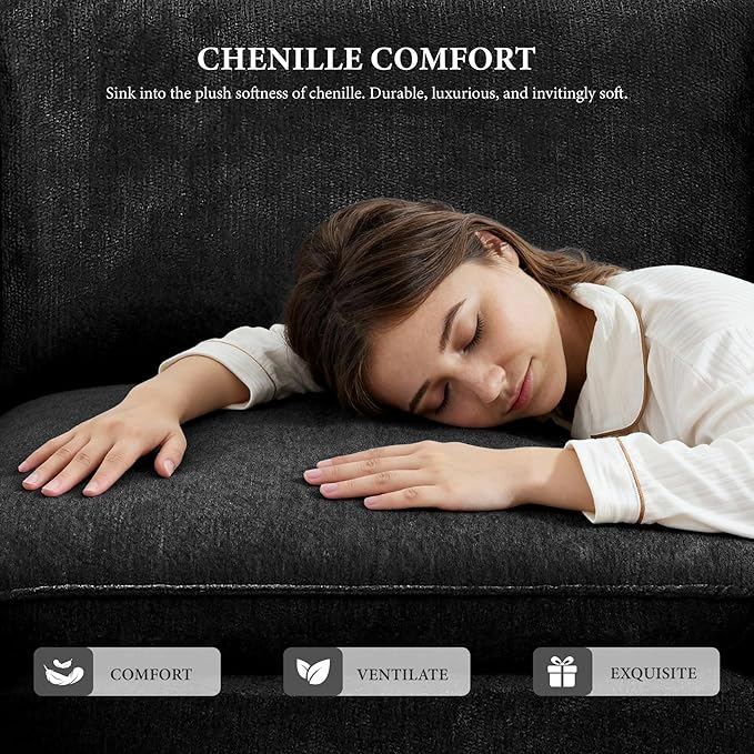 108" Sectional Couches for Living Room Boneless Couch Upholstered Cloud Couch Sectional Modular Sectional Sofa with L Shaped (Chenille-Black, 3 Seat+1 Ottoman)