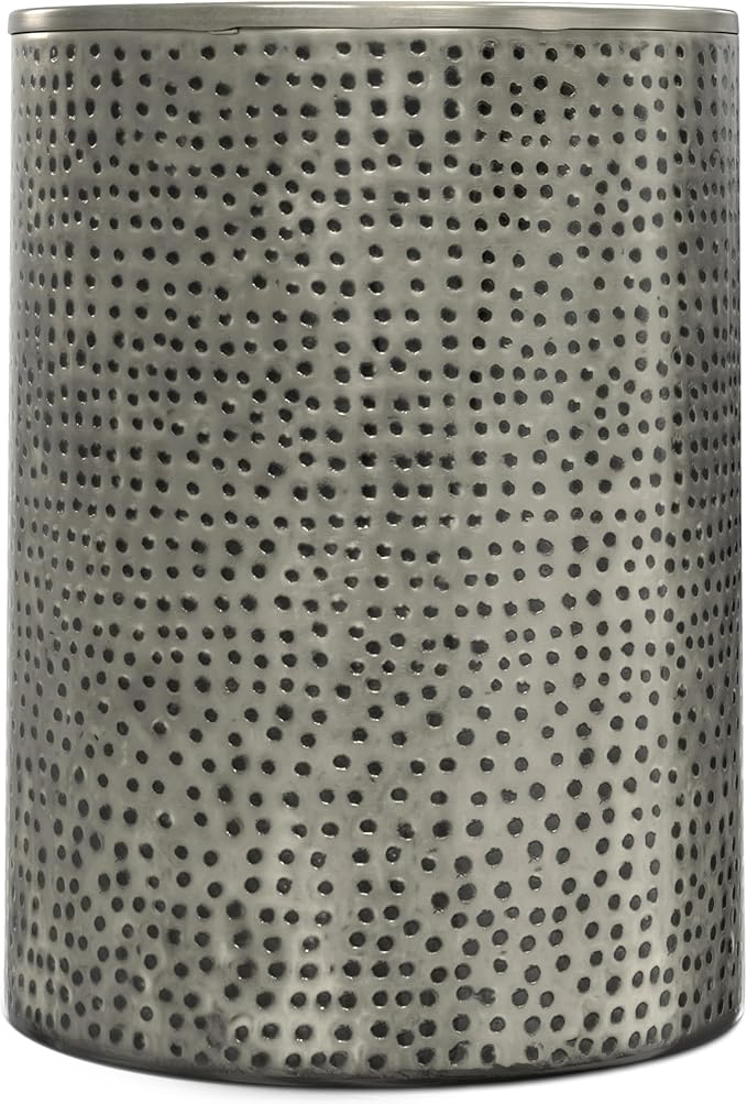 SIMPLIHOME Corbin 16 inch Wide Metal Side Table in Hammered Antique Silver, Round Drum Design End Table for Living Room, Family Room, or Entryway, Industrial Style, Assembled