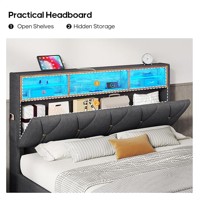 LED Full Bed Frame with Charging Station, Full Size Bed Frame with Storage Headboard, Modern Upholstered Platform Bed with Shelf Headboard, Noise-Free, Dark Grey