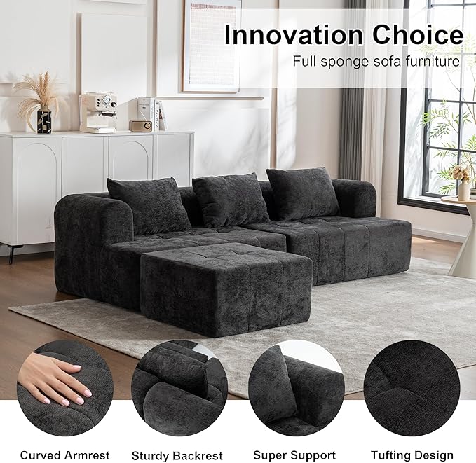 95" Modern Cloud Sectional Sofa Couch, Modular L-Shaped Sofas with Deep Seat and Chaise Ottoman, Chenille Boneless Tufted Couches for Living Room, No Assembly Required, Black