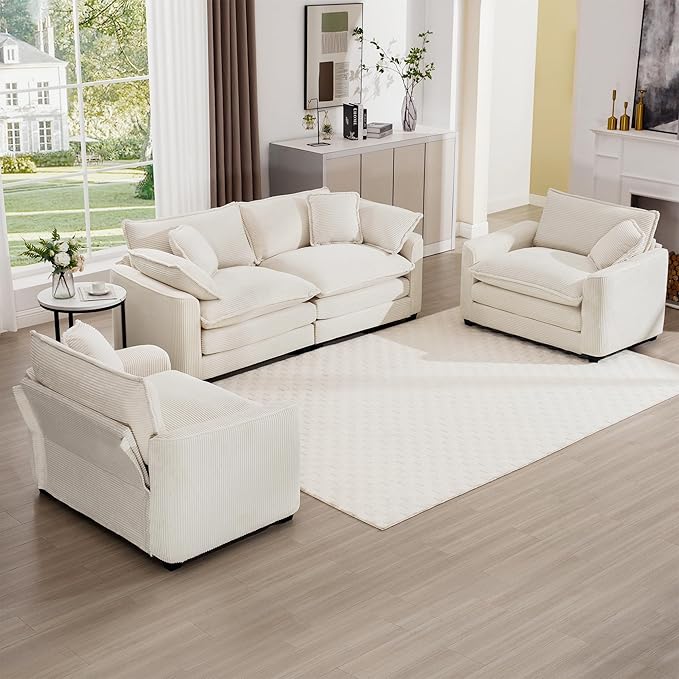 mikibama Luxury 3 Piece Sofa Set, Loveseat Couch & 2 Single Sofa Set, Modern Corduroy Comfy Cloud Couches Set for Living Room Office with 2 Armrest Pillows and 4 Toss Pillows, Beige