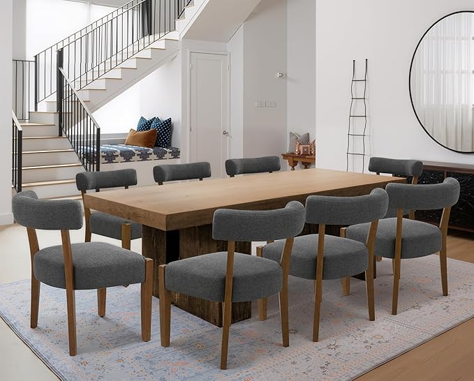 Modern Dining Chairs Set of 8, Walnut Upholstered Kitchen & Dining Room Chairs, Mid Century Wooden Dining Chairs Oversized Sturdy Fabric Rounded Chairs Curved Back, Dark Grey