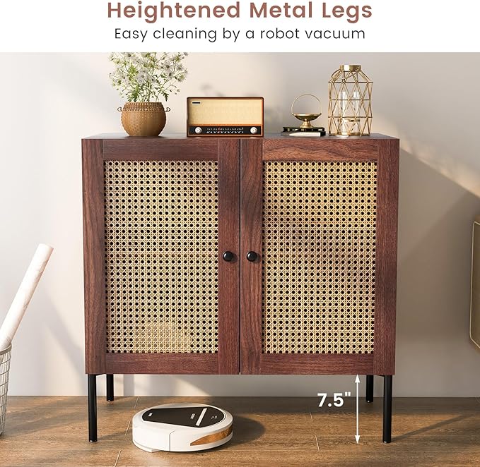 COSTWAY Buffet Cabinet with Storage, Storage Sideboard with Rattan Decorated Doors, Adjustable Shelf, Metal Legs, Accent Cabinet, Buffet Table Credenza for Hallway, Entryway, Living Room (1, Walnut)