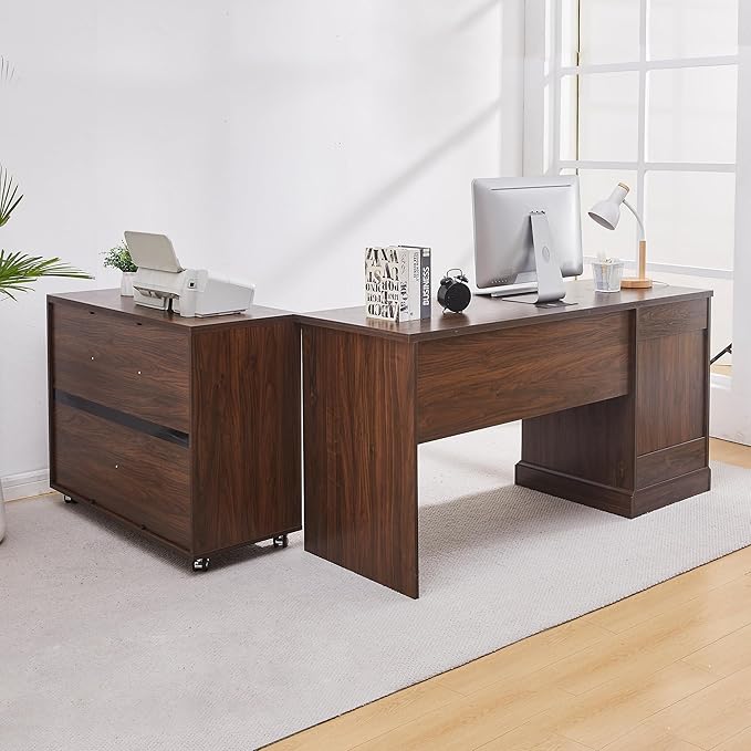 60" L-Shaped Executive Desk with 40" File Cabinet,Farmhouse Home Office Desk with Charging Station,Wood Computer Desk Set for Office Work,Home Study (Brown)