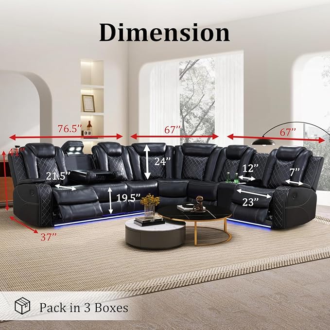 Power Recliner Sectional Couch with LED, Leather Reclining Sofa for Living Room, Muti-Functional Recliner Corner Sectional with Storage Console/Cup Holders/USB Ports (Black, SECTIONAL & CHAIR)