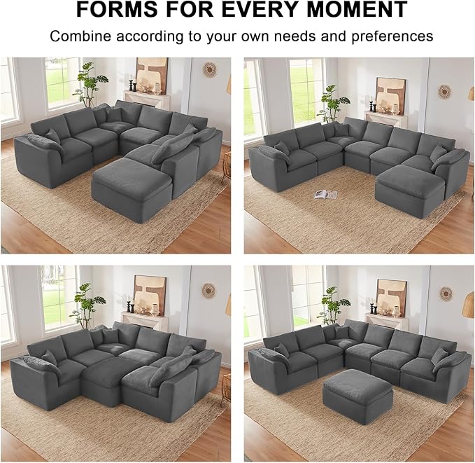 143" Cloud Sectional Couch, Boneless couches for Living Room, 7 Seater Large Modular Sectional Sofa with Deep Seat, Comfy Soft Cushions, No Assembly, Gray