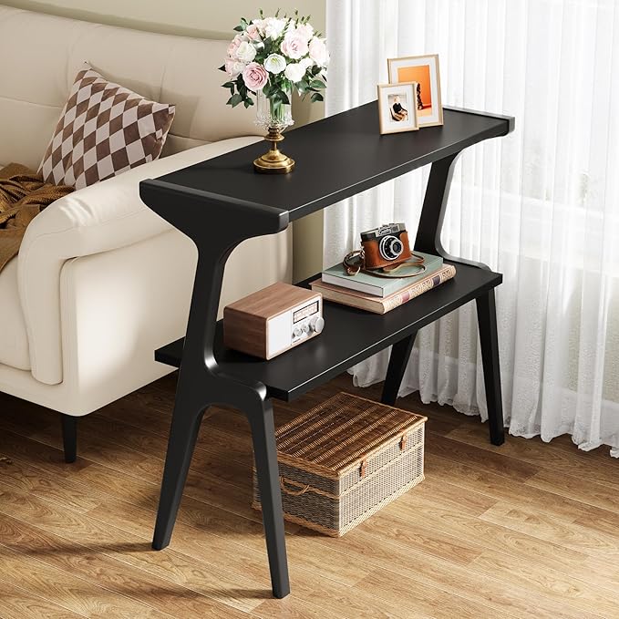 Tribesigns Set of 2 Solid Wood Side Table, 2-Tier Modern Slim Couch Side Table with Storage Shelf, Sofa End Table with Deer-Shaped Legs for Living Room, Skinny Bedside Nightstand for Bedroom, Black