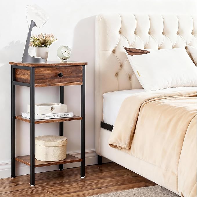 VECELO 27.5" Tall End Tables, Nightstands with Adjustable Shelf and Bin Drawer for Living Room/Bedroom,Set of 2