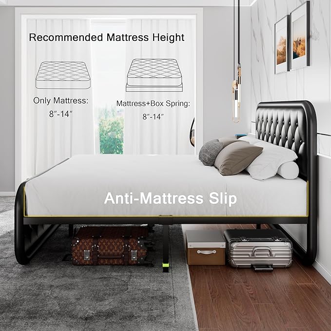 Full Size Metal Bed Frame with Button Tufted Leather Upholstered Headboard and Footboard, U-Shape Support Foundation, No Box Spring Required, Black