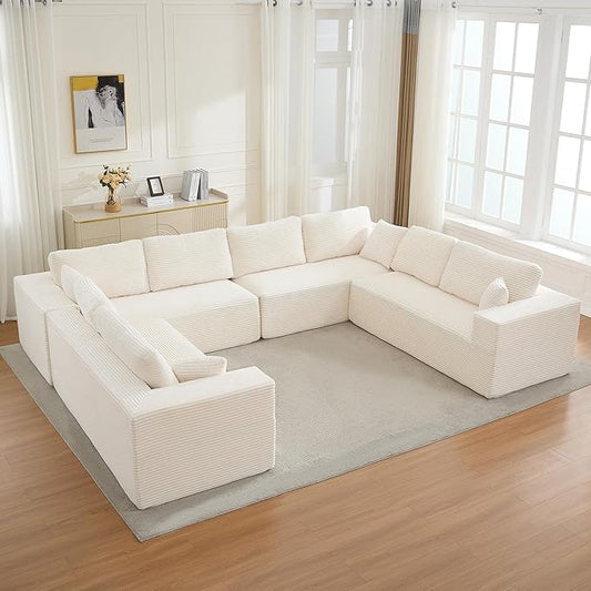Modular Sectional Cloud Couch for Living Room,Modern Boneless Couche Set with Plush Corduroy,Comfy Floor Sofa with Memory Foam,Stupendous U Shaped Sofa,No Assembly Required,Beige