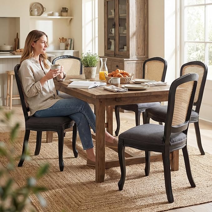Wicker Dining Chairs Set of 2, Upholstered Linen Fabric Dining Room Chairs with Square High Rattan Back Farmhouse French Kitchen Chairs for Dining Table/Living Room/Restaurant, Black