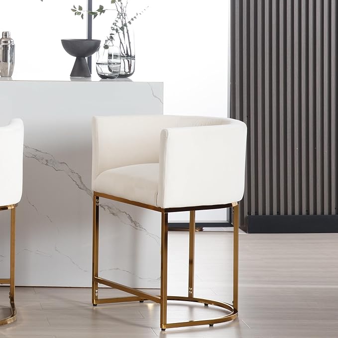Contemporary Cream Velvet Bar Stool, 24" Upholstered Fabric Counter Height Barstool Kitchen Counter Island Stool with Screwed Together Golden Metal Base