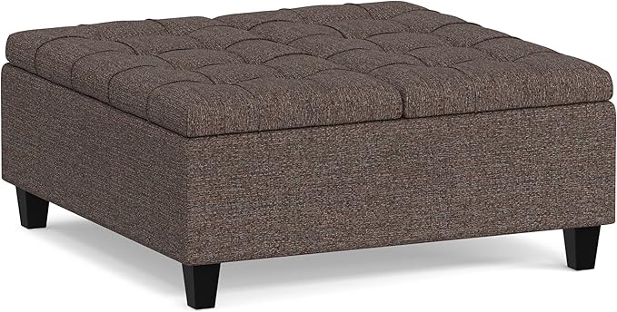 SIMPLIHOME Harrison 36 inch Wide Transitional Square Coffee Table Storage Ottoman in Mink Brown Tweed Look Fabric, Assembled, for the Living Room and Bedroom