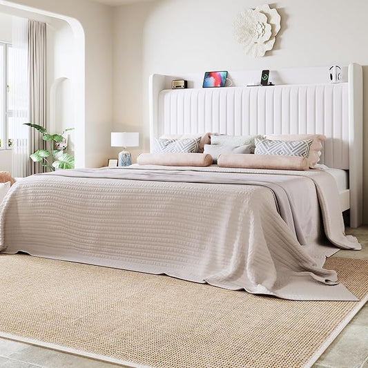 Allewie King Size Platform Bed Frame with USB Charging Station and Storage Shelf/Upholstered Velvet Wingback Headboard/Wooden Slats Support/No Box Spring Needed/Easy Assembly, White