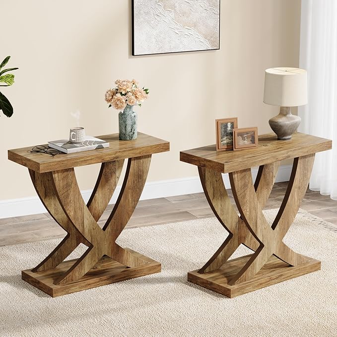 Tribesigns Wood End Side Table for Living Room, Night Stand for Bedroom with Cross Fishtail Support, Farmhouse Nightstand for Small Spaces, Accent Furniture, Easy Assembly, Retro Wood Grain (1, Brown)