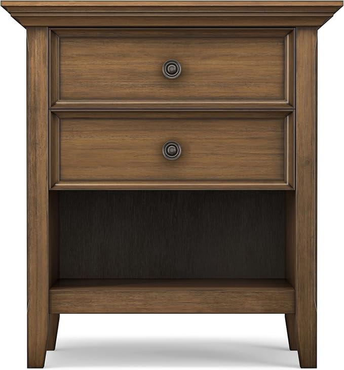 SIMPLIHOME Amherst Bedside Table - 24 inch Wide Solid Wood Nightstand Table in Rustic Natural Aged Brown, Transitional Bedroom Side or End Table with 2 Drawers, Open Storage Shelf and Bronze Hardware