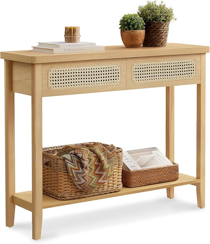VASAGLE Console Table, Sofa Table, Narrow Entryway Table with 2 Drawers, Open Storage Shelf, Rounded Corners, for Living Room, Boho Style, Oak Beige ULNT016Y57V1