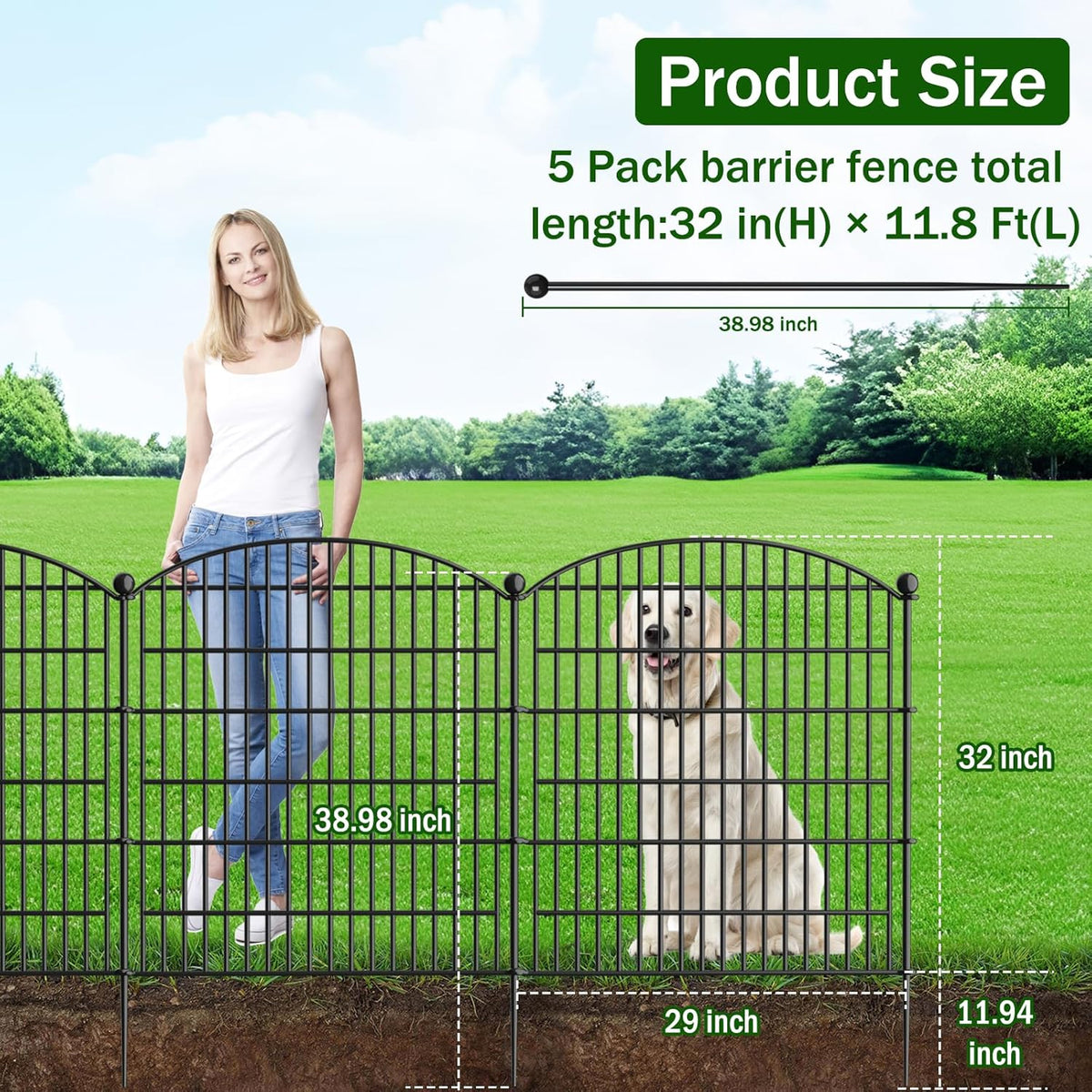 Decorative Garden Fence with Gate, 5 Panels - 32 in (H) x 11.8 ft (L) No Dig Dog Fence Outdoor for Yard, Rustproof Tall Garden Fencecing Panels, Animal Barrier Suitable for Yard Border, Patio