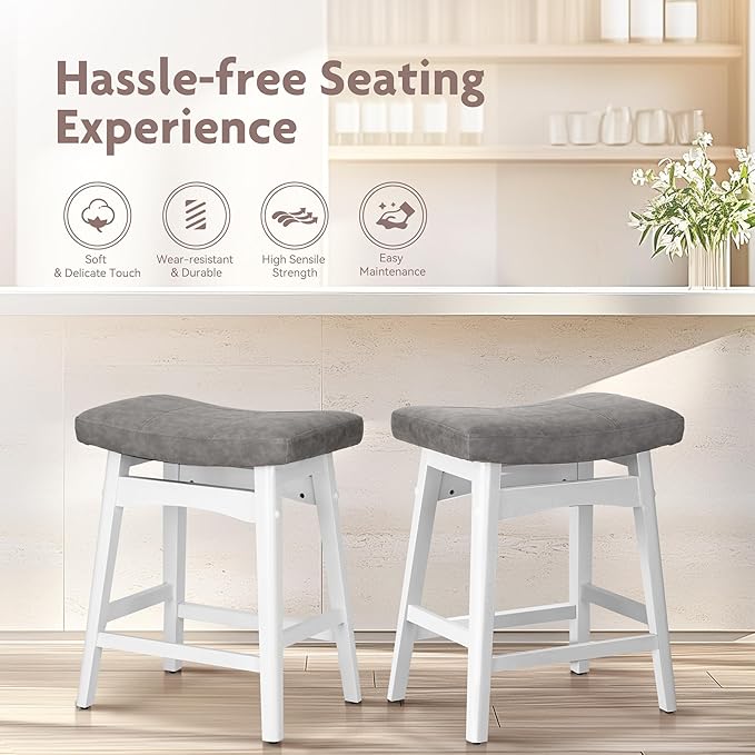 ALPHA HOME Bar Stools Set of 3, Solid Wood Saddle Kitchen Stools with Grey PU Leather Cushion Counter Height Barstools with Wooden Base for Kitchen Dining Cafe, 24 Inch, Grey, 3PCS