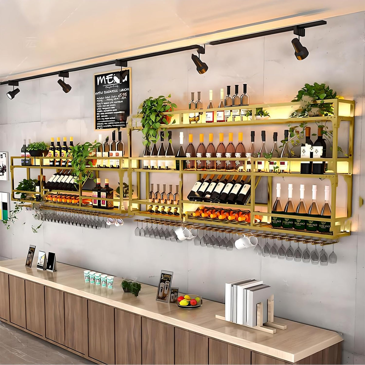 47.2in Wall Mounted Wine Rack, Wine Rack Wall Mounted With Wine Glass Rack, Metal Bar Bottle Display Shelf Wine Cups Hanging Holder, For Home Bar Cafe Dining Room Decoration (GOLD, 47.2*10*35.5inch)