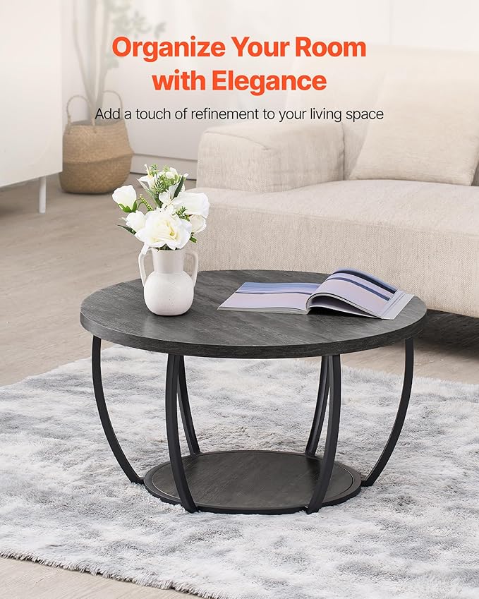 VEVOR Coffee Table, Modern Round Coffee Table, 2 Tiers Wooden Circle Center Desk with Open Storage, Minimalist Sturdy Metal Frame Accent End Desk for Living Room, Office, Easy Assembly, Grey