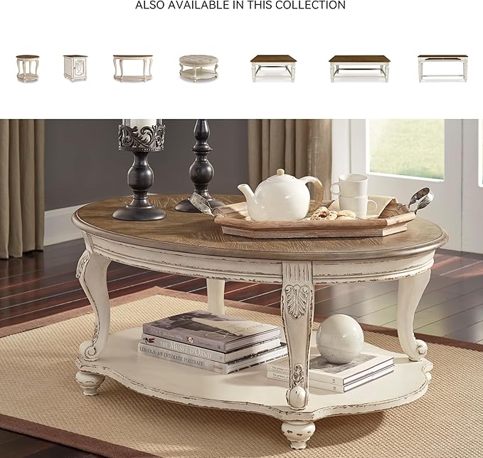 Signature Design by Ashley Realyn Cottage Style Round End Table, Fixed Lower Shelf, Antiqued 2-tone, Finish, Wood, 26" W x 26" D x 25.88" H, White and Brown
