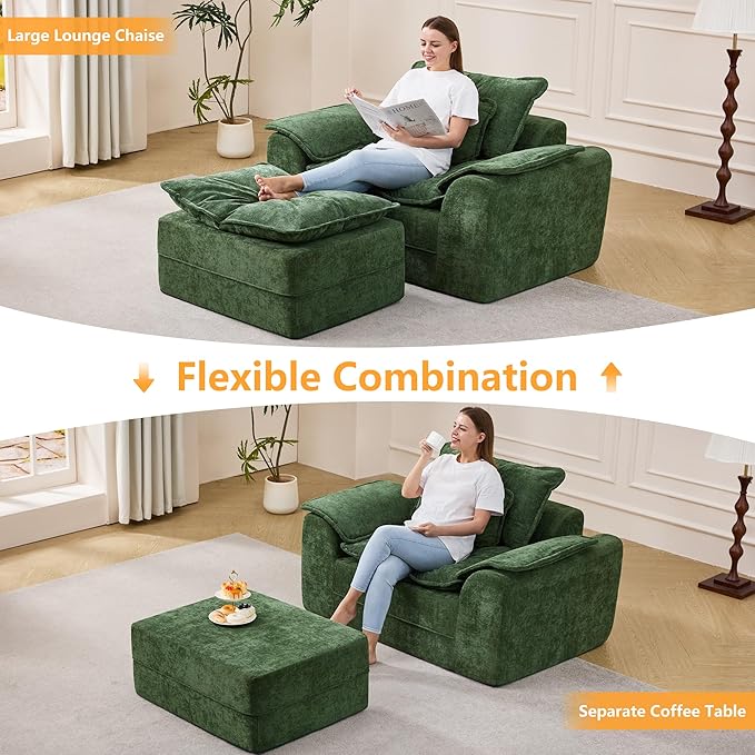 Hobestluk Cloud Single Sofa Memory Foam Couch with Deep Seat L Shaped Sofa with Removable Cover Large Couch for Living Room (Green, Single Sofa)