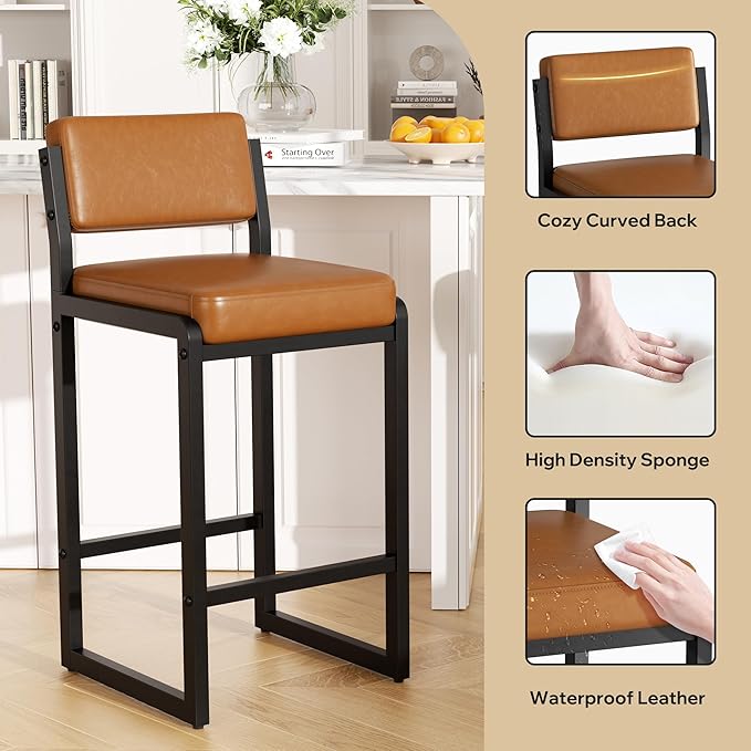 Bar Stools Set of 6, Faux Leather Counter Height Bar Stools with High Back and Metal Legs, Upholstered Bar Chairs, 26" Modern Barstools for Kitchen Island, Caramel