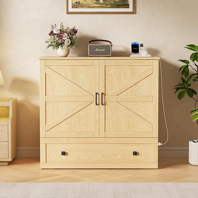 Murphy Bed with Built-in Charging Station, Space-Saving Murphy Bed Chest Twin with Drawer, Foldable, for Home Office Guest Room Bedroom,Natural