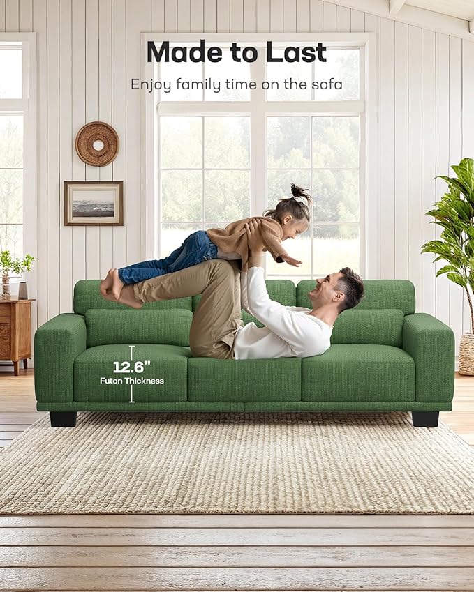 Marsail Modern 89 Inch Linen Fabric Sofa, 3-Seater Couch with Wide Armrests, Deep Cushions & Removable Washable Covers, Comfortable Living Room Furniture, Green