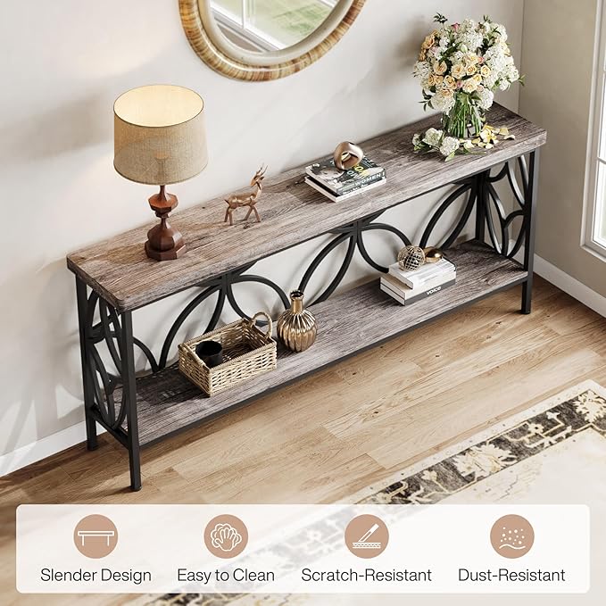 Tribesigns 70.9-Inch Narrow Sofa Table, 2-Tier Industrial Console Table Behind Couch, Long Entry Tables with Storage for Entryway, Living Room, Foyer, Hallway, Grey