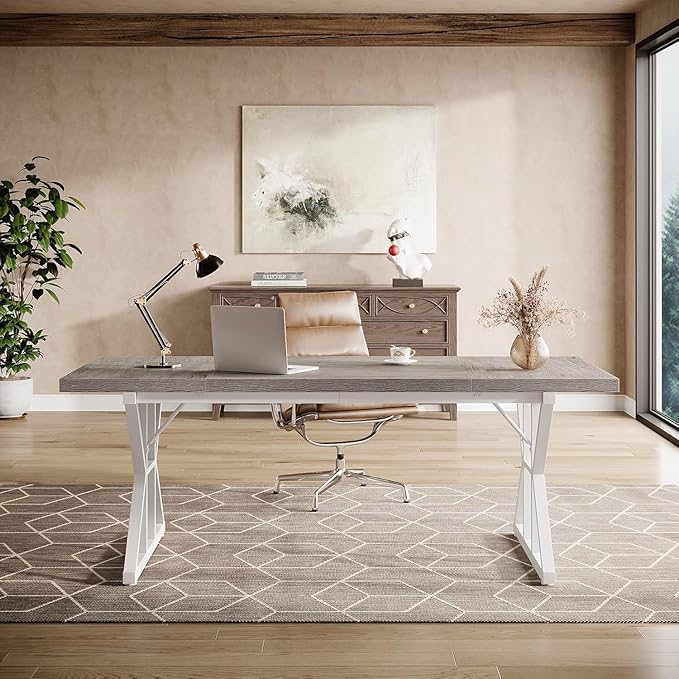 Tribesigns 70.86-Inch Large Executive Desk, Industrial Home Office Computer Desk, Simple Long Writing Study Table Business Furniture (Grey/White)