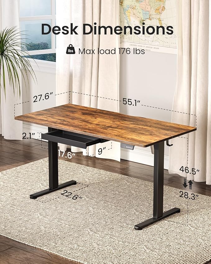 FEZIBO Electric Standing Desk with Drawers, 55 x 28 Inch Height Adjustable Desk with 3 Memory Presets, Sit Stand Up Desks for Home Office, Rustic Brown