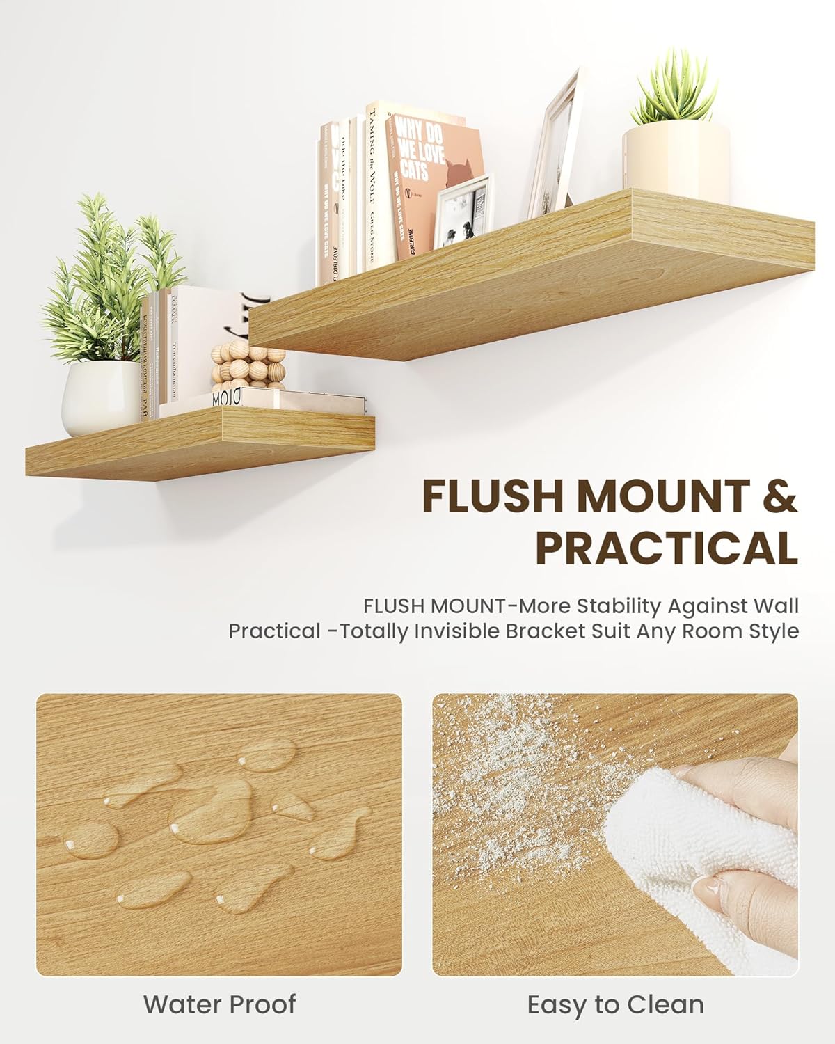 Marsmiles 6.7" Floating Shelves for Wall, Wooden Shelves with Invisible Brackets Set of 2, Rustic Farmhouse Wall Mounted Shelf for Kitchen Bathroom Living Room Study, Natural Oak