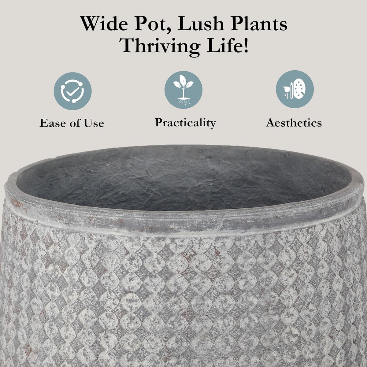 Worth Garden Large Round Planters Set of 2 (14.5"x17.5" & 12" x15“) - Lightweight Magnesium Oxide Cement Plant Pot with Texture - Grey Concrete Look with Drainage Hole – Indoor & Outdoor Use