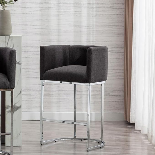 Bar Stools 29" Counter Height Bar Stools Upholstered Fabric Barstool Modern Barrel Counter Stool Kitchen Counter Island Stools with Chrome Metal Base, Charcoal