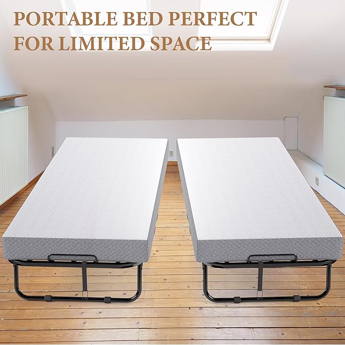 Folding Bed with Memory Foam Mattress, Portable Rollaway Guest Beds on Wheels, 75"x31" Twin Size Space-Saving Cot-Size Bed for Adults with Easy Assembly Metal Frame (White)